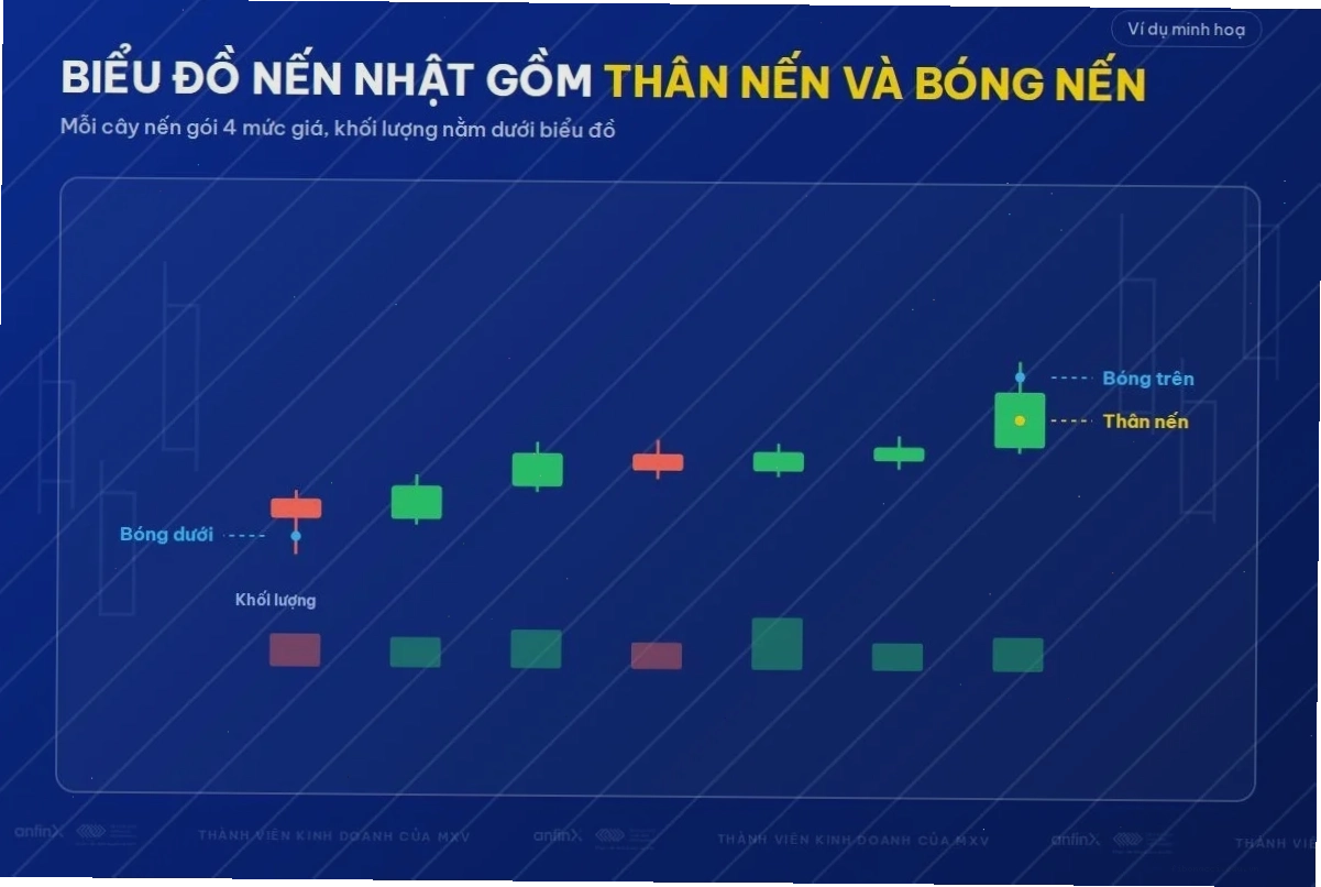 Biểu đồ nến nhật có thân nến, bóng nến và khối lượng