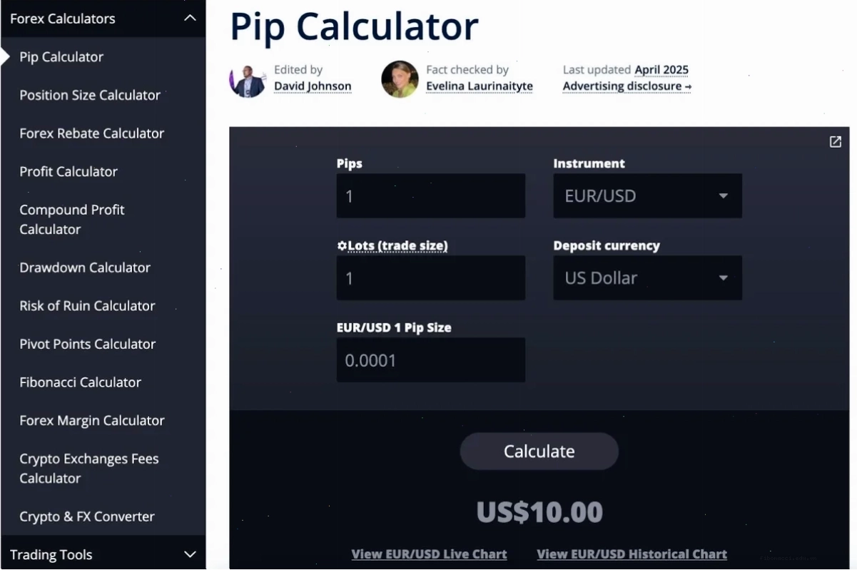 Giao diện Máy tính Lot & Pip Forex Investizo LTD.