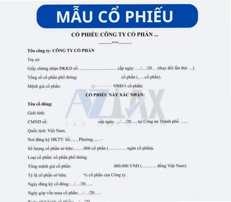 Mẫu cổ phiếu do công ty cổ phần phát hành