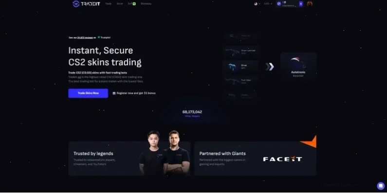 Tradeit.gg homepage showing its Trustpilot score, total trades count, and FACEIT partnership.
